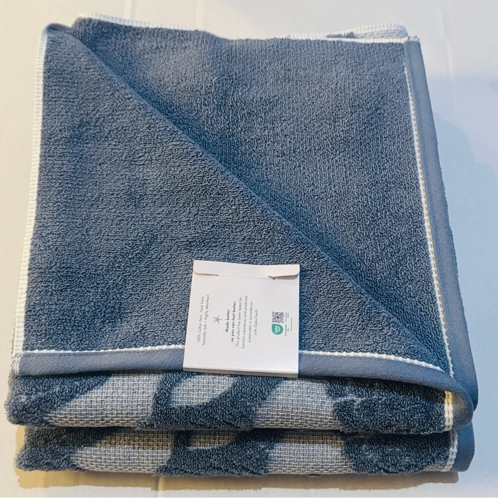 4pc CARO HOME Seashore Pique Bath Towel Set - Starfish/Seashell Design - Blue